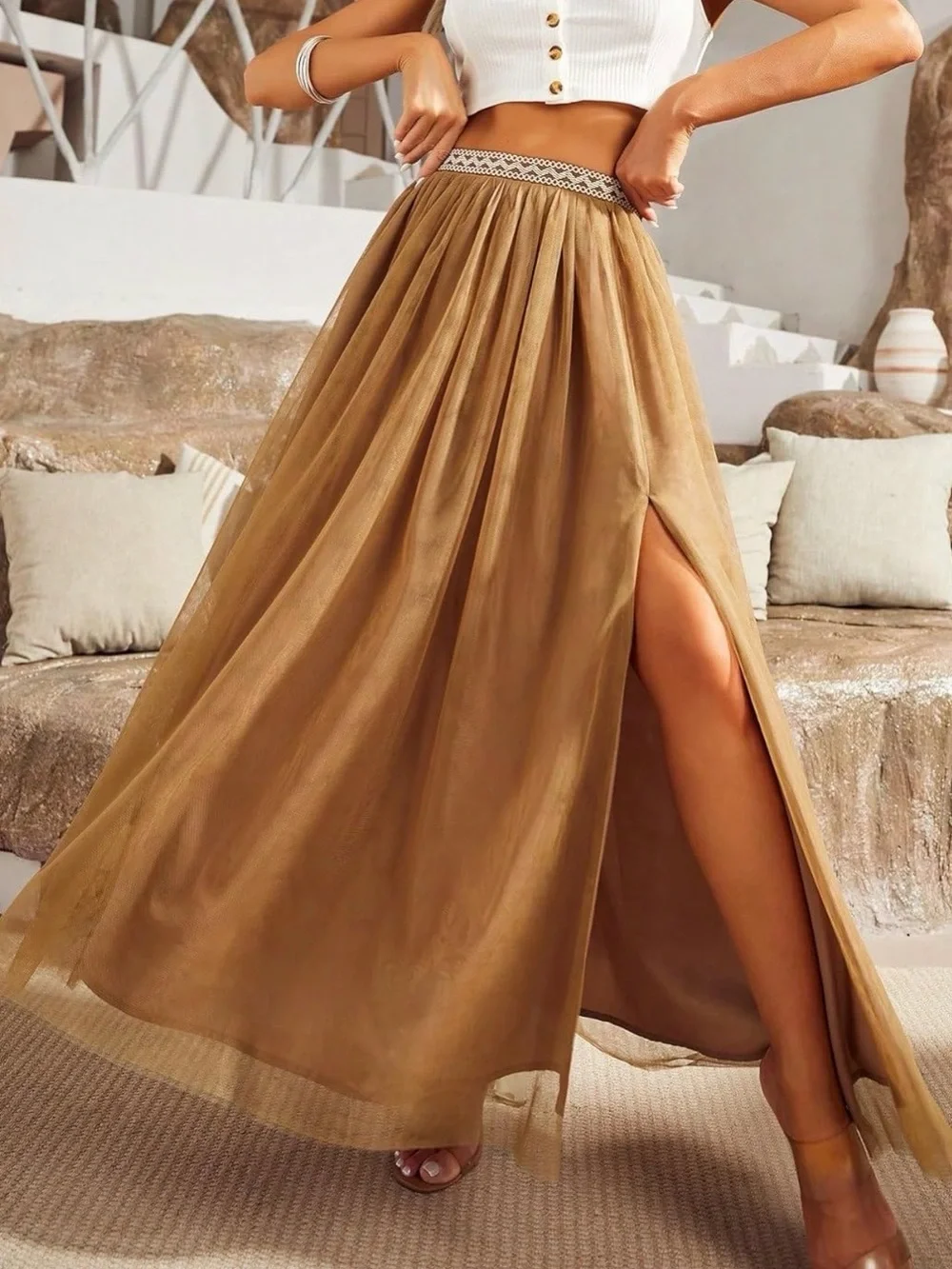 Women's Tan Maxi Skirt with High Side Slit and Decorative Waistband - Picture 3 of 8